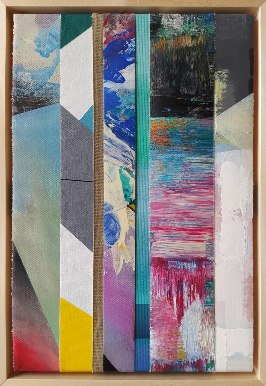 Reconstruction VIII, strips of painted canvas, 22 x 32 cm, 2024
