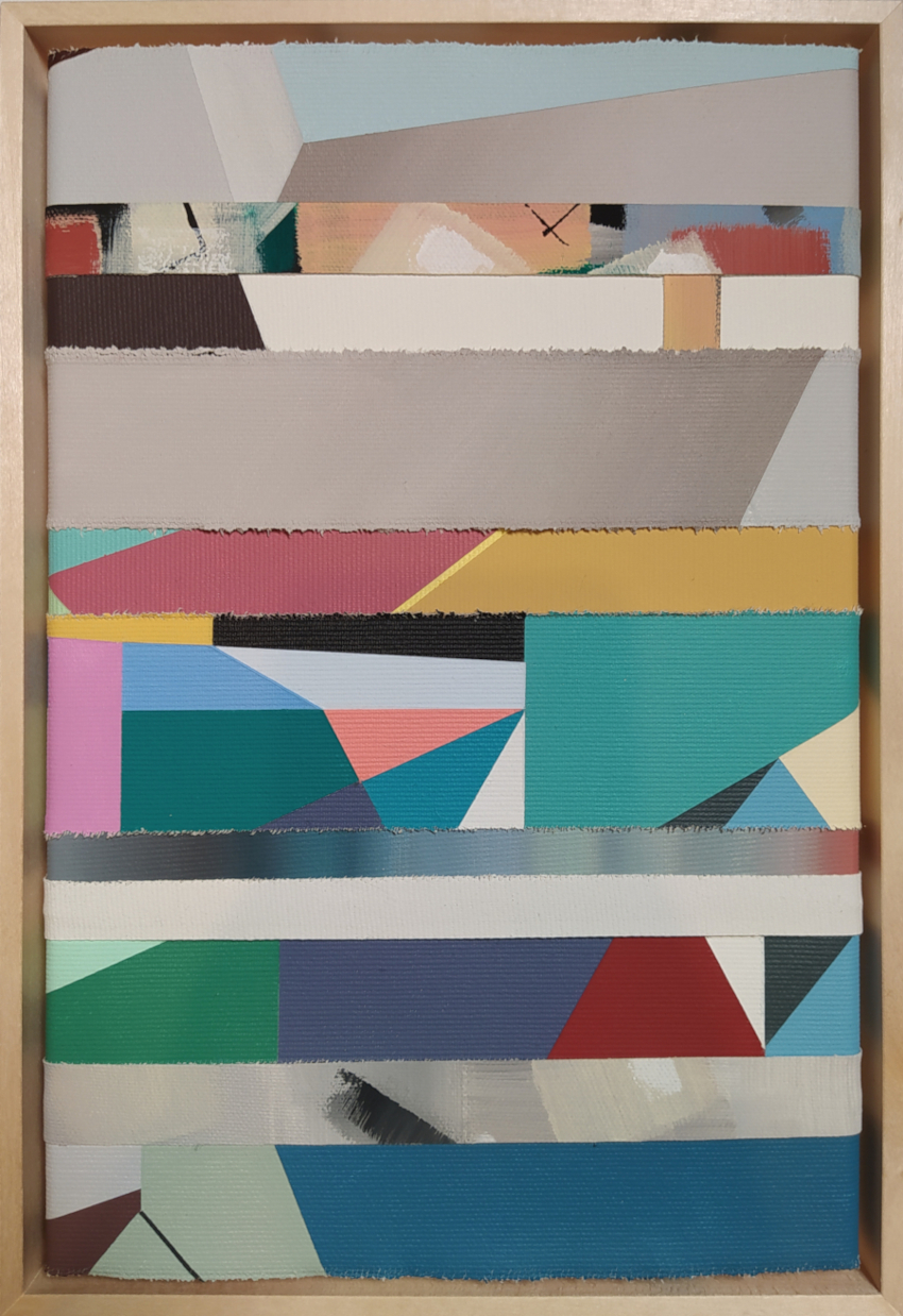 Reconstruction II, strips of painted canvas, 22 x 32 cm, 2024