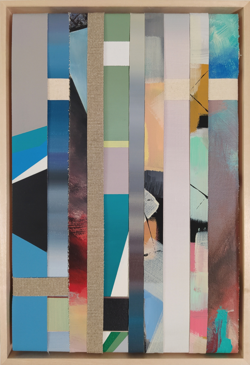 Reconstruction IV, strips of painted canvas, 22 x 32 cm, 2024