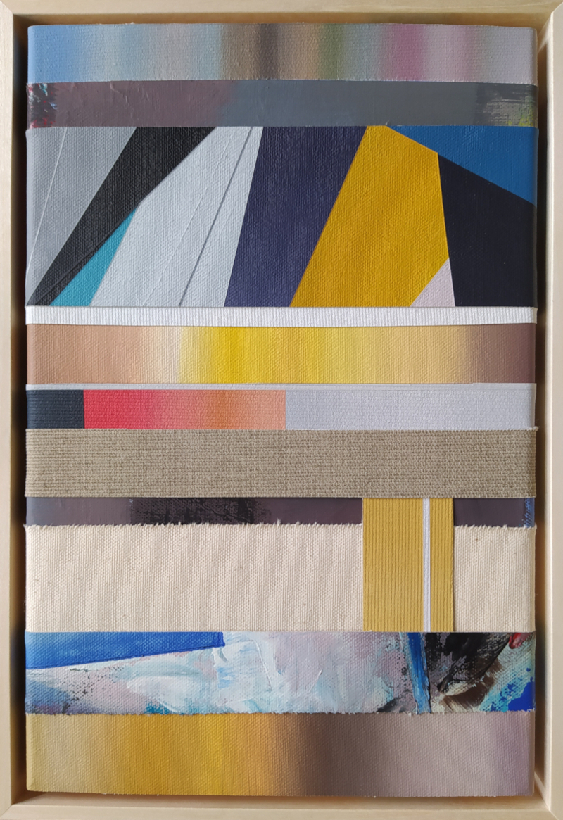 Reconstruction IX, strips of painted canvas, 22 x 32 cm, 2024