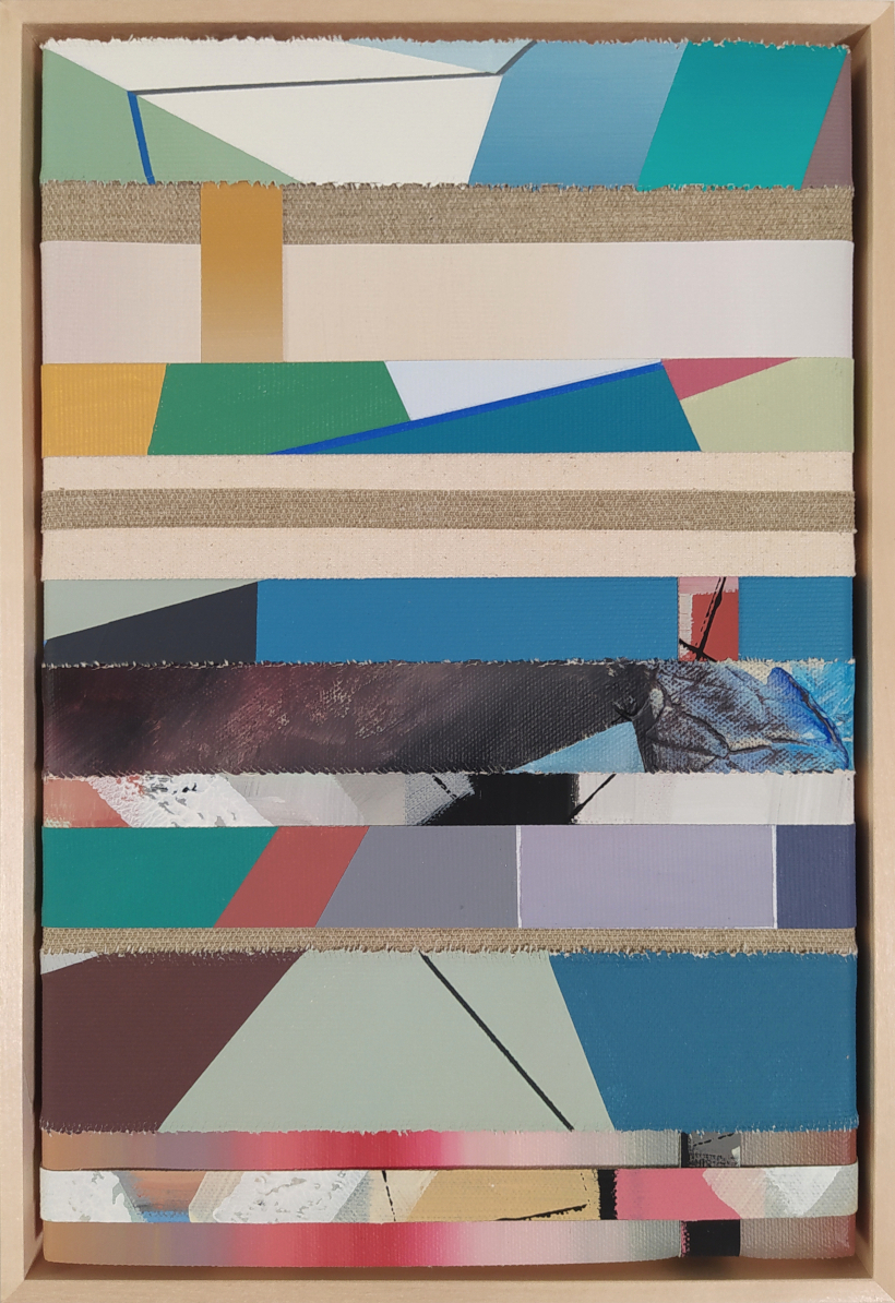 Reconstruction V, strips of painted canvas, 22 x 32 cm, 2024