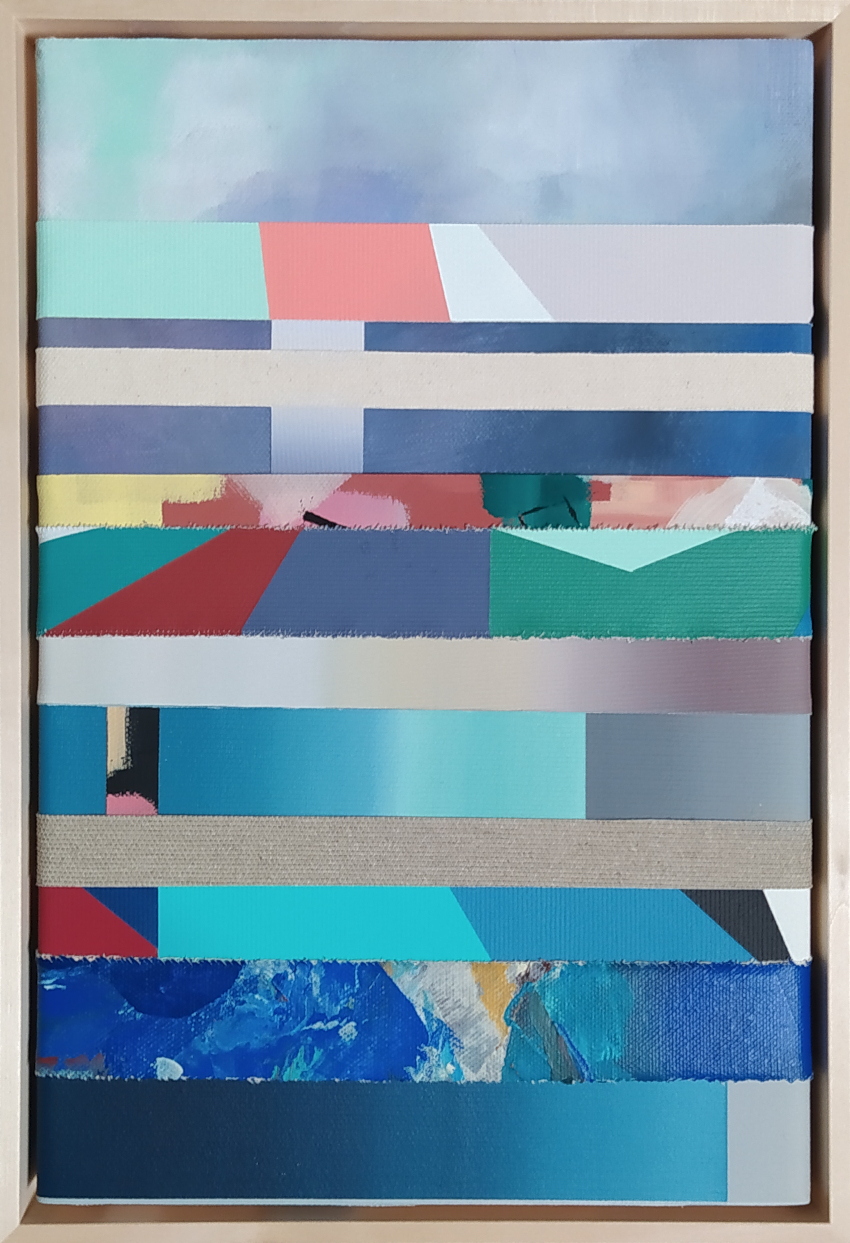 Reconstruction VII, strips of painted canvas, 22 x 32 cm, 2024