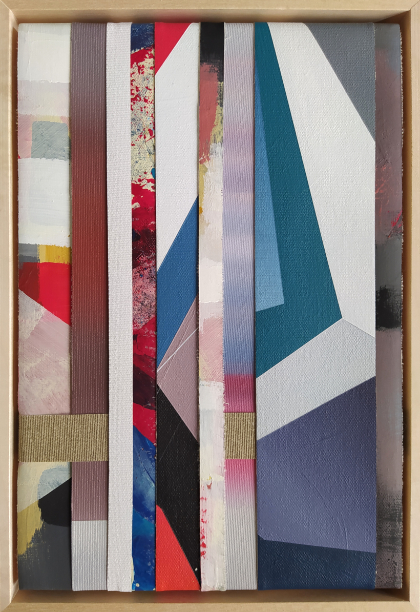Reconstruction X, strips of painted canvas, 22 x 32 cm, 2024